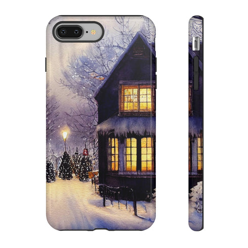 Glowing Homes in the Snow with Christmas Decorations - Impact Resistant Phone Case iPhone 8 Plus Glossy